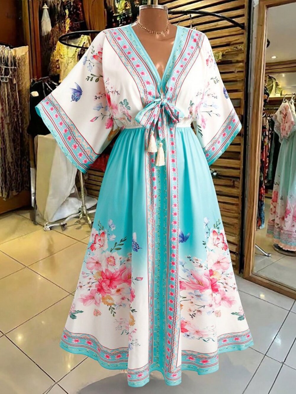 Boho Multicolor Women's Plus Size Elegant V-Neck Floral Maxi Dress - Picture 7 of 7
